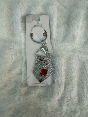 Mint Silver-Tone Rhinestone Card Fan Keychain with Red Heart